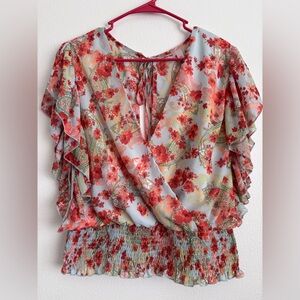 Willow + Root Women's Floral Chiffon Flutter Sleeve V-neck Blouse Size XL
